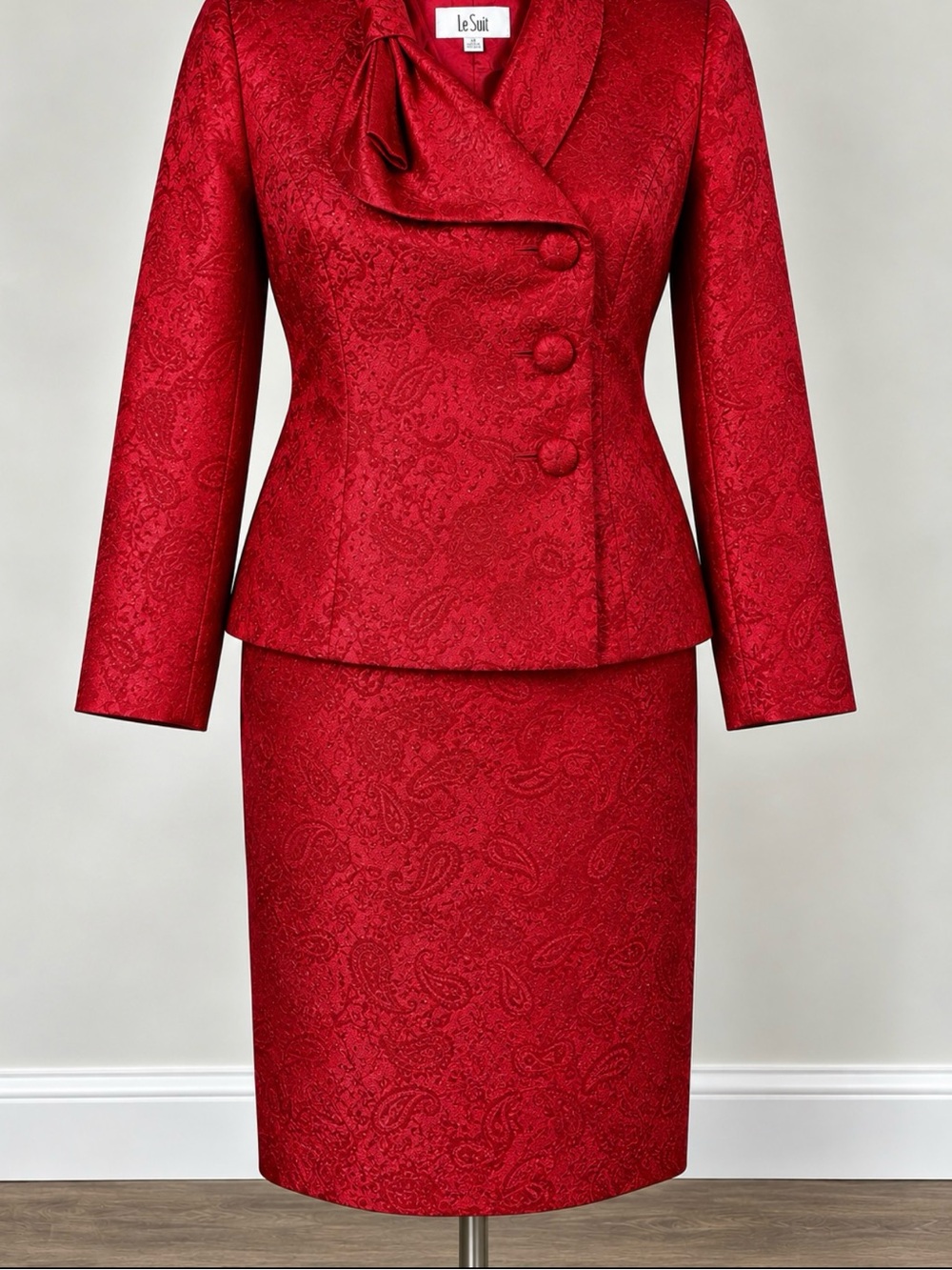 Vintage Le Suit Size 14 Rose Pink Paisley Jacquard 2 Piece Skirt Suit